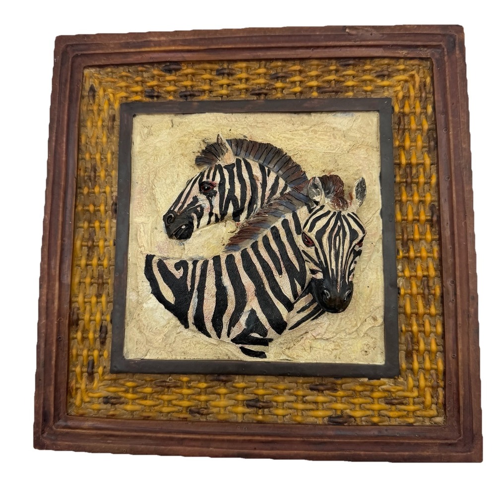 3D Resin Zebras Rattan Style Matte Framed Wall Art Beautiful‎ Majestic 9x9